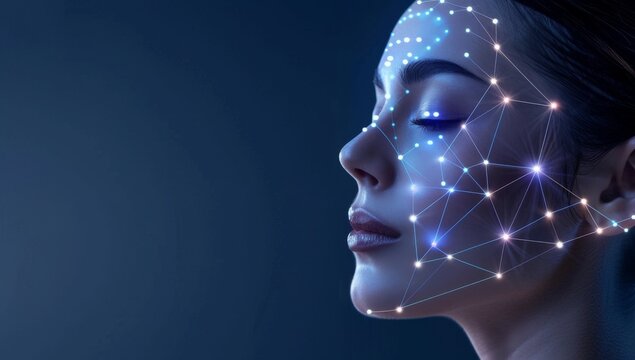 Beautiful woman with closed eyes and lines of digital facial biometric. Lifting lines, advertising of face contour correction, female face skin lifting. Facial rejuvenation concept, cosmetology