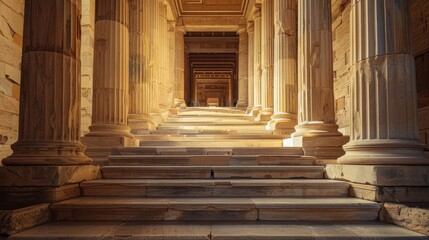 A majestic marble staircase leading up to the entrance of an ancient Greek temple