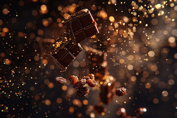 chocolate bars and raisins falling in the air