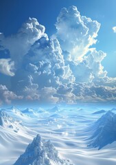 A vast snow field under a blue sky with white clouds