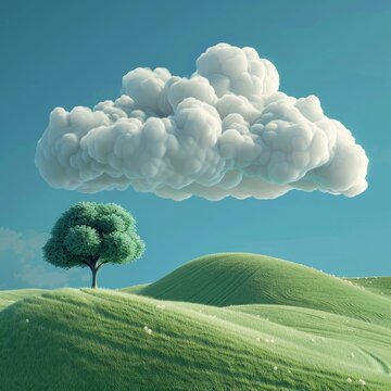 White clouds drift over rolling green hills