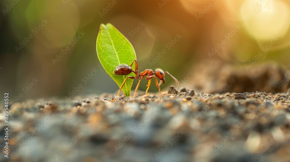 Poster a close-up of a single ant carrying a tiny leaf, showcasing the strength and industriousness of thes