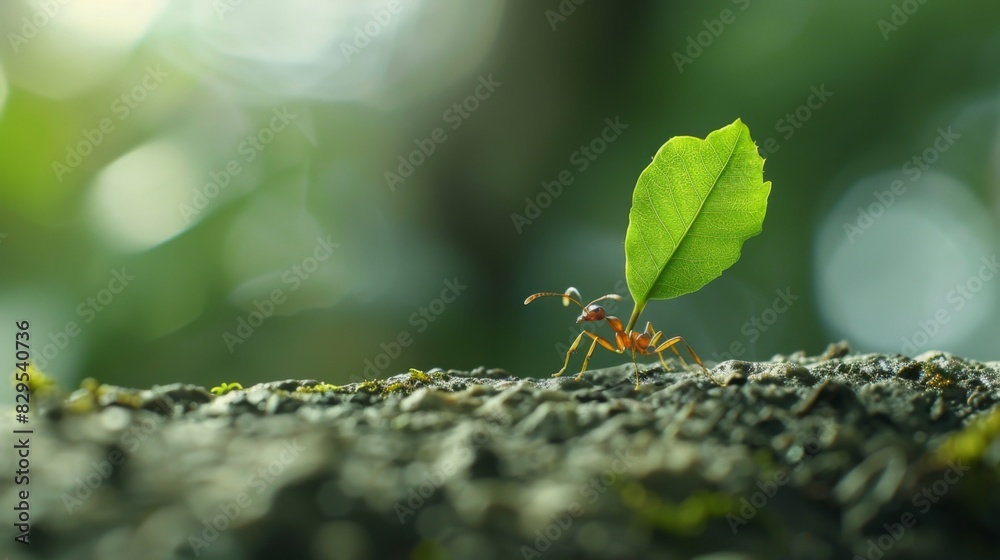 Poster a close-up of a single ant carrying a tiny leaf, showcasing the strength and industriousness of thes
