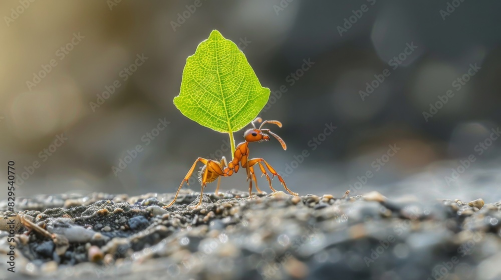 Poster a close-up of a single ant carrying a tiny leaf, showcasing the strength and industriousness of thes