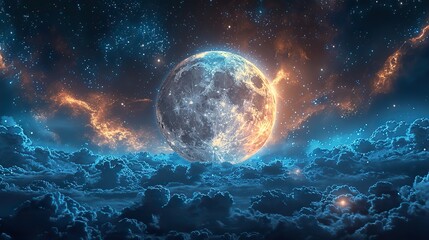 An image of a celestial scene with a radiant moon and stars.