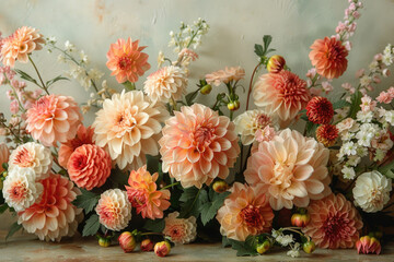 Vintage-inspired floral arrangement against a cream background