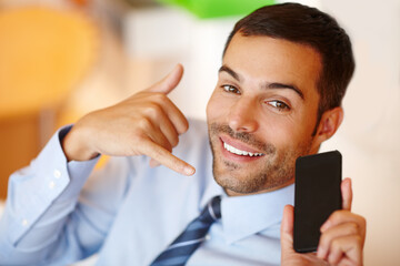 Phone call, hand gesture or happy businessman in portrait for office project, conversation or deal...