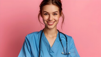 Joyful Young Travel Nurse Excels in Vibrant Medical Clinic