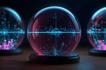 Magic glass ball. Neon light, neon. Fantasy ball, predictions of the future, divination.