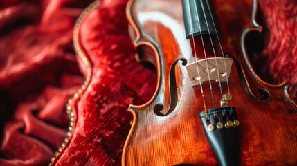 Obraz premium A close-up of a violin resting on a velvet cushion, its elegant curves and strings ready to produce enchanting melodies.