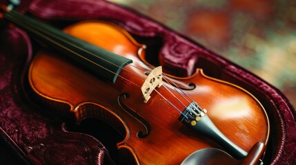 Fototapeta premium A close-up of a violin resting on a velvet cushion, its elegant curves and strings ready to produce enchanting melodies.