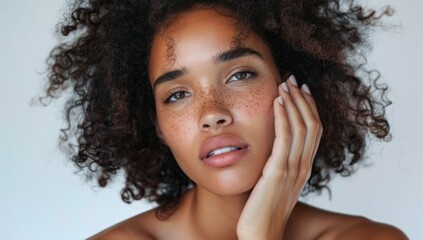 Beautiful woman with her hands on her face, showing clean and healthy skin against a white background. - Powered by Adobe