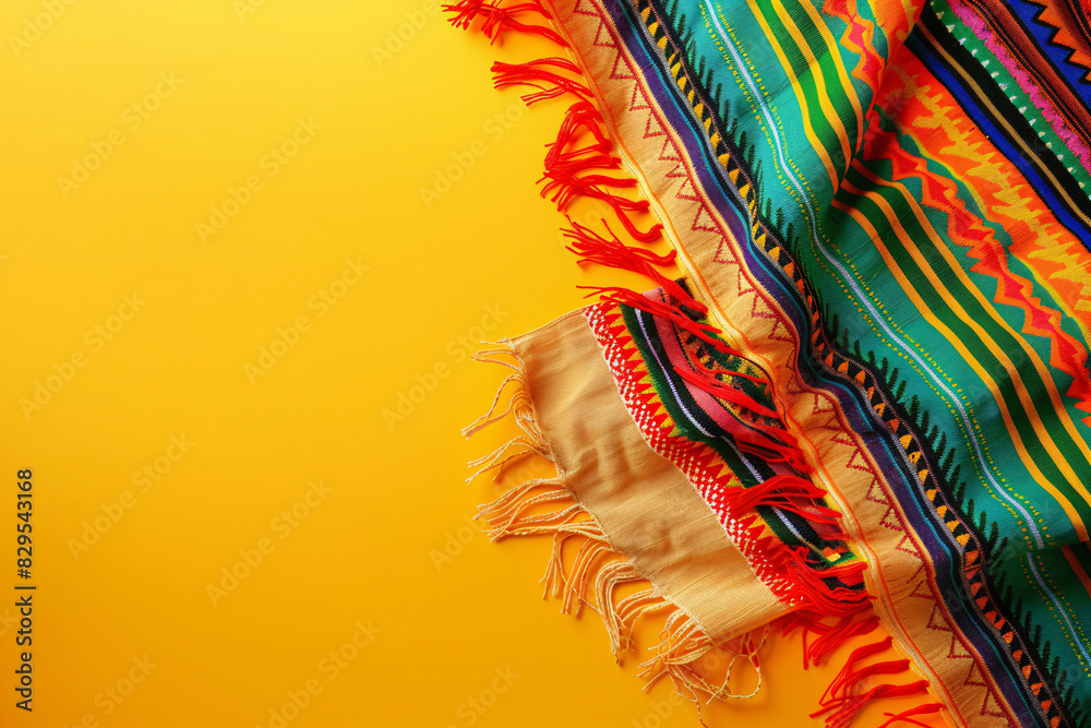 Wall mural a colorful blanket with fringes on a yellow background - Wall murals