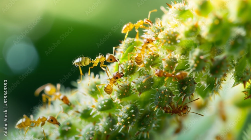 Poster a close-up of ants interacting with aphids on a plant, highlighting the symbiotic relationship betwe