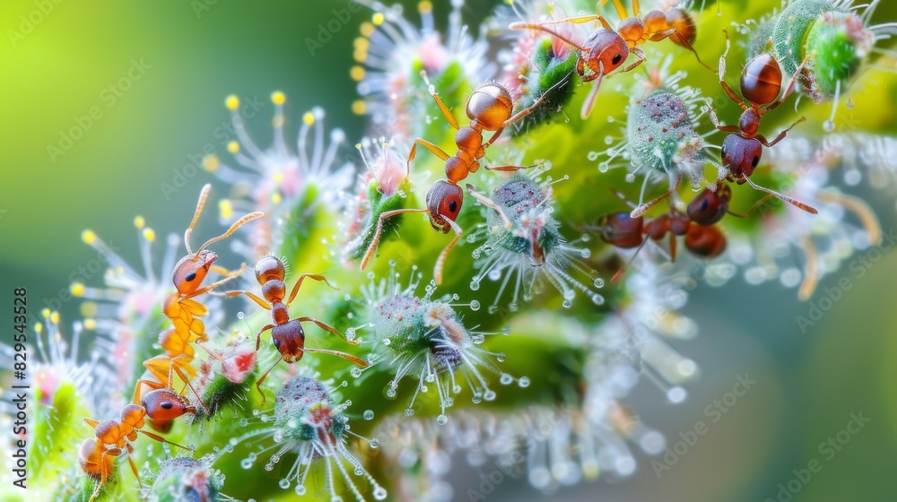 Poster a close-up of ants interacting with aphids on a plant, highlighting the symbiotic relationship betwe