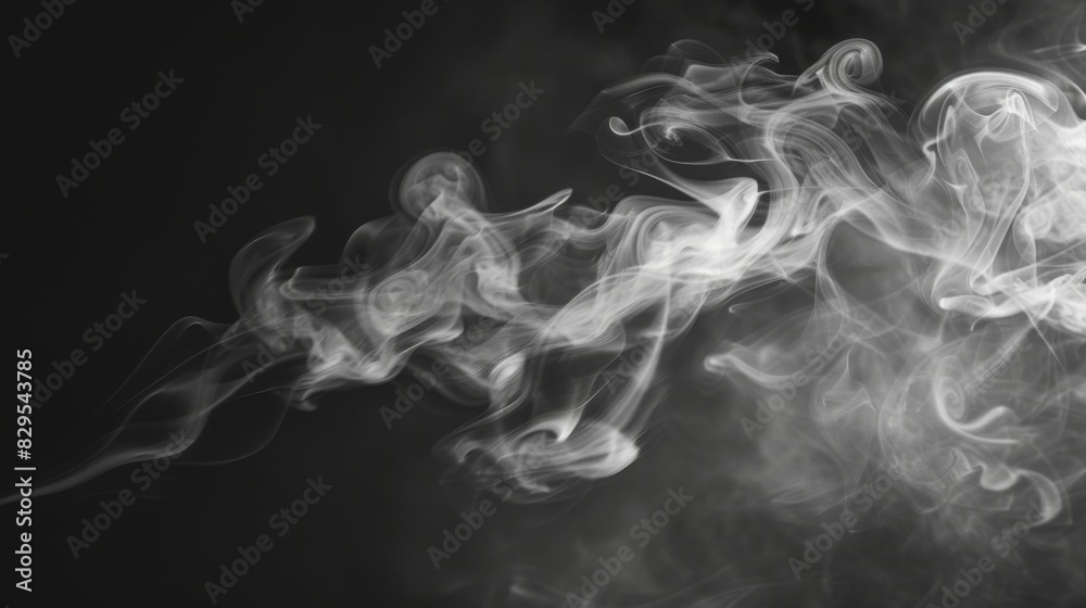 Poster a close-up of cigarette smoke swirling in the air against a dark background, highlighting the intric