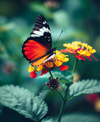 Colourful butterflies on flowers. AI generative.