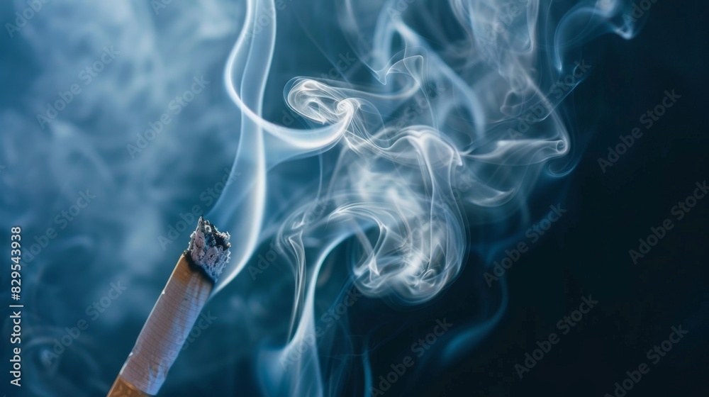 Poster a close-up of cigarette smoke swirling in the air against a dark background, highlighting the intric