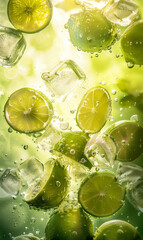 Lime slices in water with ice cubes, closeup, high resolution photography, green background.
