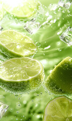 Lime slices in water with ice cubes, closeup, high resolution photography, green background.