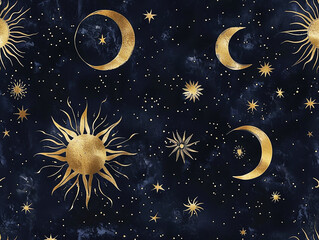 A navy blue background with gold stars, moons and suns. AI generative.
