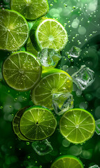 Lime slices in water with ice cubes, closeup, high resolution photography, green background.
