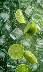Lime slices in water with ice cubes, closeup, high resolution photography, green background.