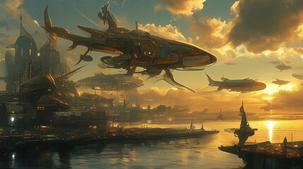 Naklejka premium As the sun sets over the horizon the eVTOLs continue to ferry passengers in and out of the underwater city never ceasing in their function as vital transportation vessels.