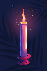 Glowing wax candle with flame in cartoon style. Magic candlelight and purple colors. Decoration for wellness and spa.