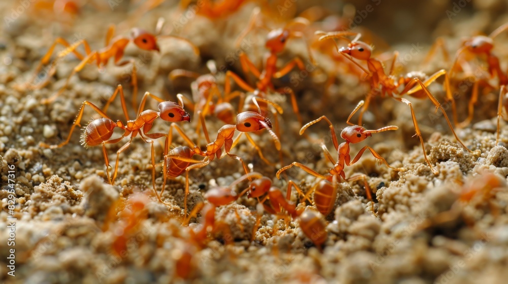 Poster a colony of fire ants constructing a mound in sandy soil, illustrating their ability to modify their
