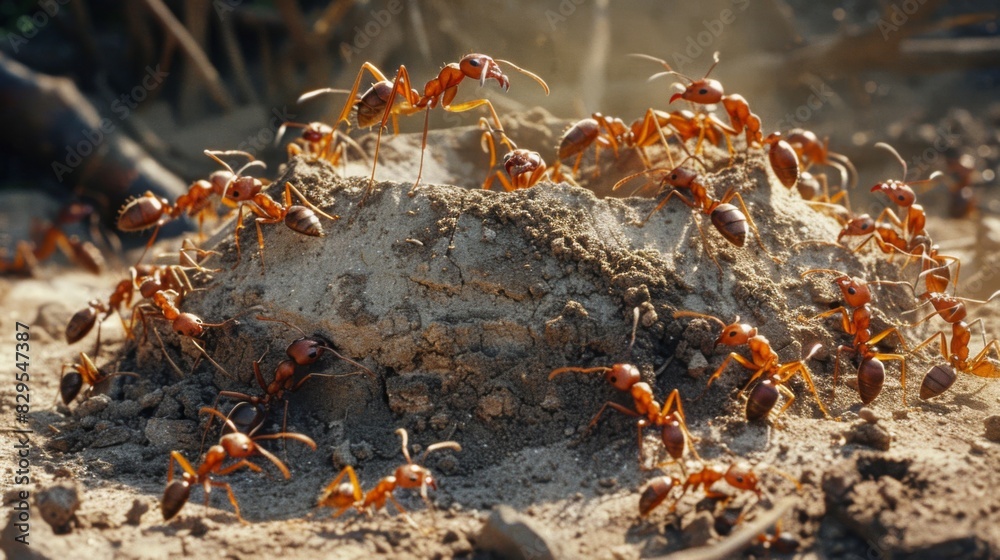 Poster A colony of fire ants constructing a mound in sandy soil, illustrating their ability to modify their environment.