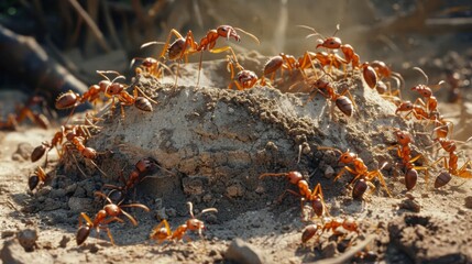 A colony of fire ants constructing a mound in sandy soil, illustrating their ability to modify their environment.
