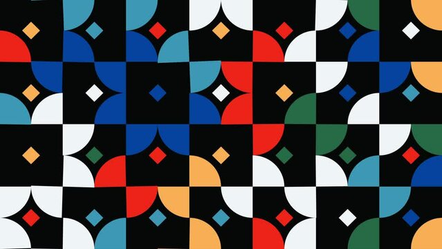 Seamless loop Pattern with Abstract Shapes and Diamonds on Black Background. A vibrant and modern geometric pattern featuring a seamless design of abstract shapes and colorful diamond elements