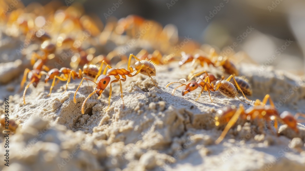 Poster A colony of fire ants constructing a mound in sandy soil, illustrating their ability to modify their environment.