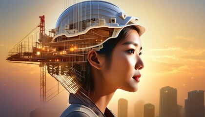 Flawless Generative AI.Civil engineer portrait as concept for building construct by professional with hardhat helmet engineer with double exposure of cityscape, urban with background of skyscraper.