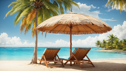 Fototapeta na wymiar Thatched beach umbrella and two lounge chairs 