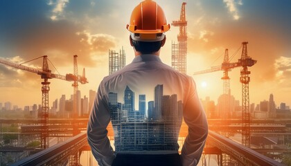 Civil engineer portrait as concept for building construct by professional with hardhat helmet engineer with double exposure of cityscape, urban with background of skyscraper. Flawless generative AI
