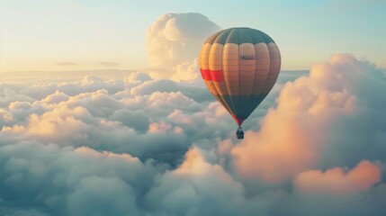 Obraz premium A colorful hot air balloon floating peacefully among fluffy clouds, offering a bird's eye view of the breathtaking scenery below.
