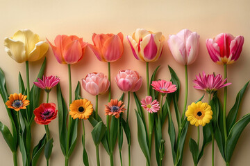 Colorful flowers in full bloom on a cream background