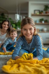 Fototapeta premium Happy little girl her mother and brother are cleaning the apartment