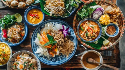 A colorful spread of traditional Thai dishes including pad Thai, green curry, and mango sticky rice, beautifully arranged on a wooden table.