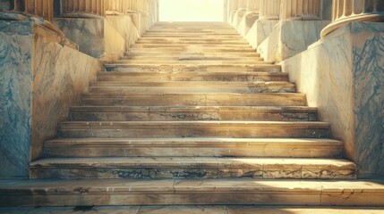 A majestic marble staircase leading up to the entrance of an ancient Greek temple