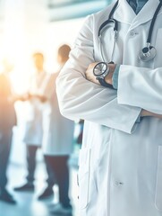 Doctor in uniform holding stethoscope and crossed arms. Hospital or clinic background and copy space