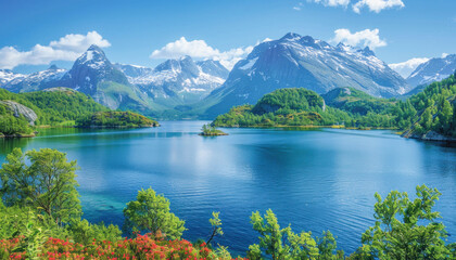 Scenery shows a lake, mountains, trees on sunny day, creating serene natural landscape