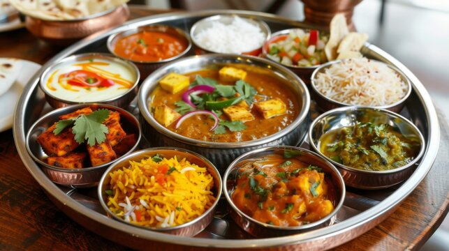 A colorful thali platter featuring a variety of Indian dishes like dal, paneer, pickles, and chapati.