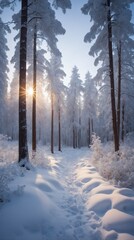 Evening in snow-covered forest, Tranquil winter scene.