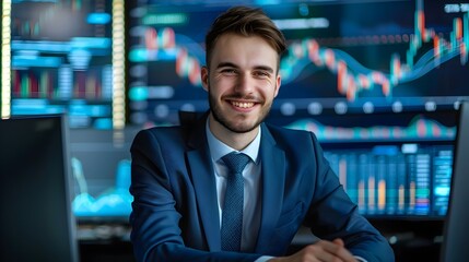 Young Financial Analyst Thriving in Colorful World of Data and Market Trends