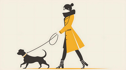 A woman in a yellow coat is walking her black dog on a leash. The woman is wearing a scarf and glasses. The dog is wearing a collar.