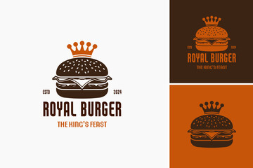 Royal Burger The King's Feast Logo: A regal design featuring a crown atop a burger, symbolizing indulgence and royalty. Ideal for burger joints, fast-food chains, or food delivery