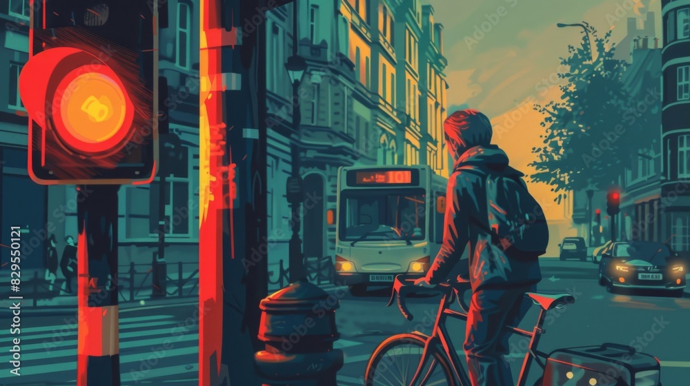 Poster a cyclist waiting at a traffic light showing red, with urban buildings and a bus in the background.